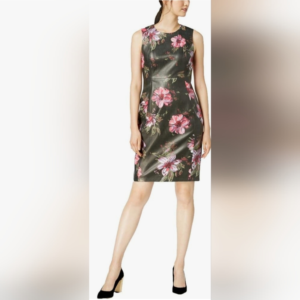 Calvin Klein Women's Floral-Printed Faux-Leather Sheath Dress. Brown Mul…